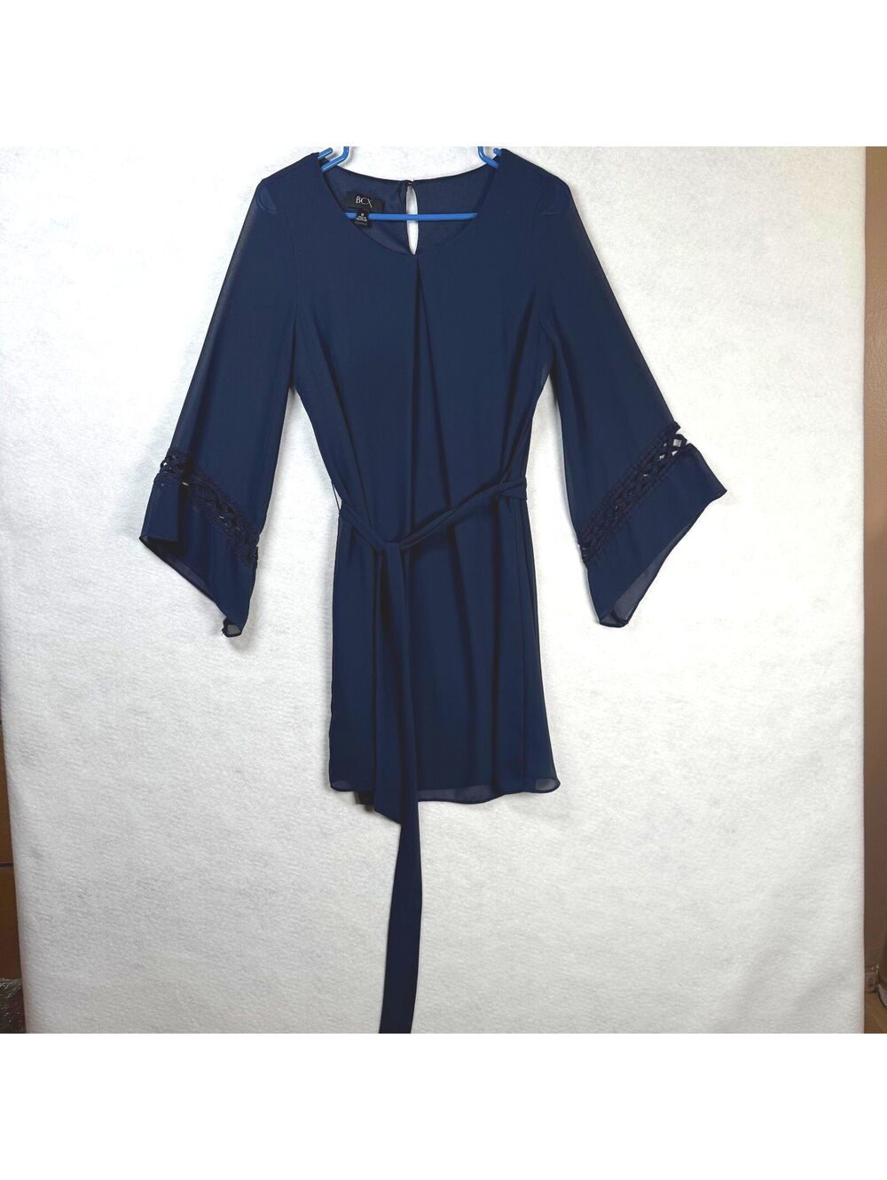 BCX Navy Blue Bell Sleeve Dress with Waist Tie, Size M